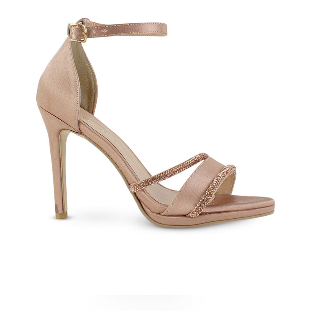 vista lateral de zapatillas oro rosa para dama con tiras delgadas de pedrería y tacón medio 10 cm 