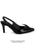 Vista superior de zapatilla negra  destalonada para mujer con un moño en punta fina cerrada y tacón delgado de 8cm tipo stiletto 