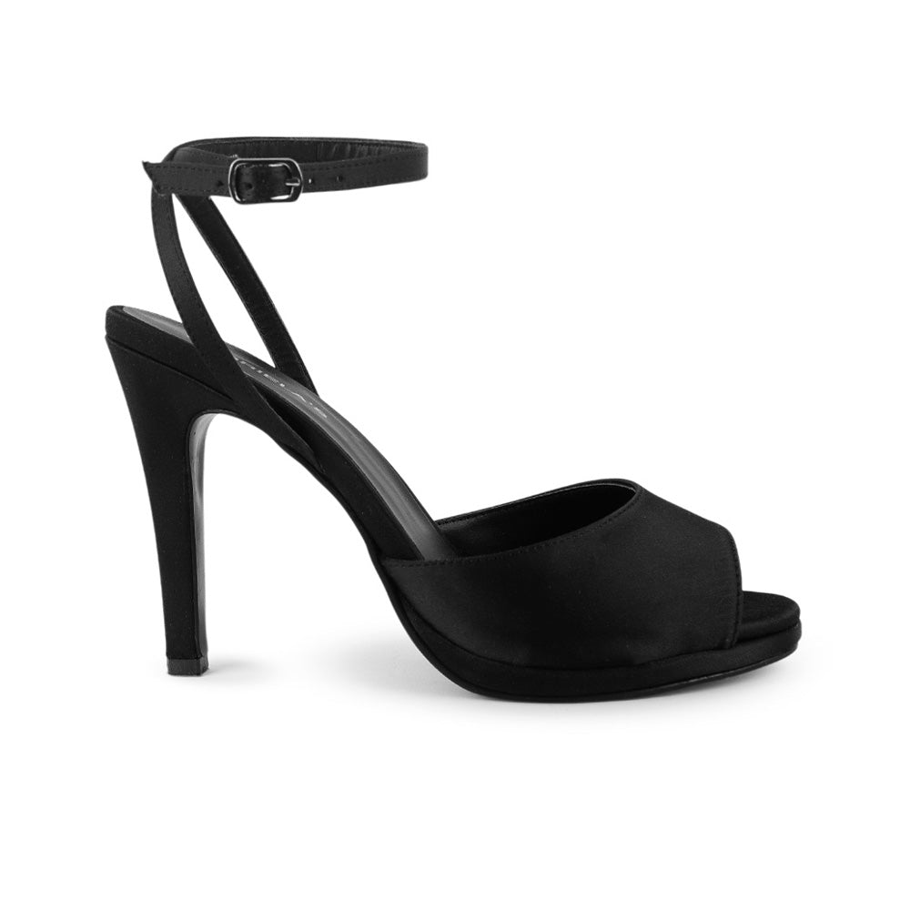 Vista lateral de zapatilla negra de plataforma punta abierta y pulsera ajustable para dama con su tacón alto 11 cm 
