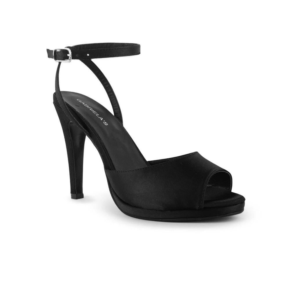 Vista diagonal de zapatilla negra con punta abierta pulsera ajustable y plataforma para dama tacón alto 11cm 