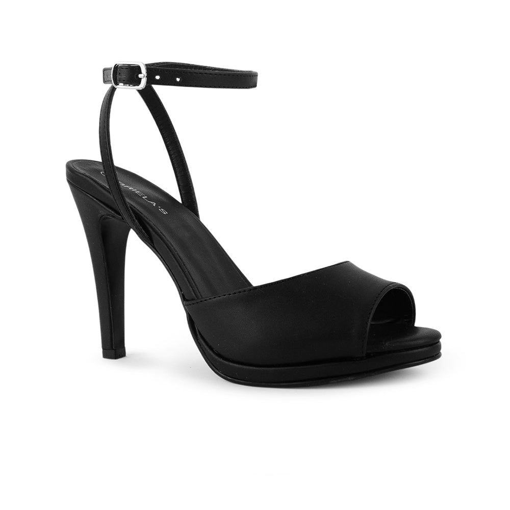 Vista diagonal de zapatilla negra con punta abierta pulsera ajustable y plataforma para dama tacón alto 11cm 