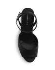 Vista superior de zapatilla negra para dama con punta abierta pulsera ajustable y tacón alto 11cm 