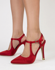 Zapatillas rojas destalonadas para mujer con punta cerrada y tacón delgado de 12cm tipo stiletto
