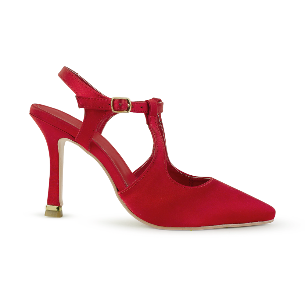 Vista lateral de zapatilla destalonada roja para mujer tipo stiletto con punta fina cerrada y tacón delgado medio de 10cm
