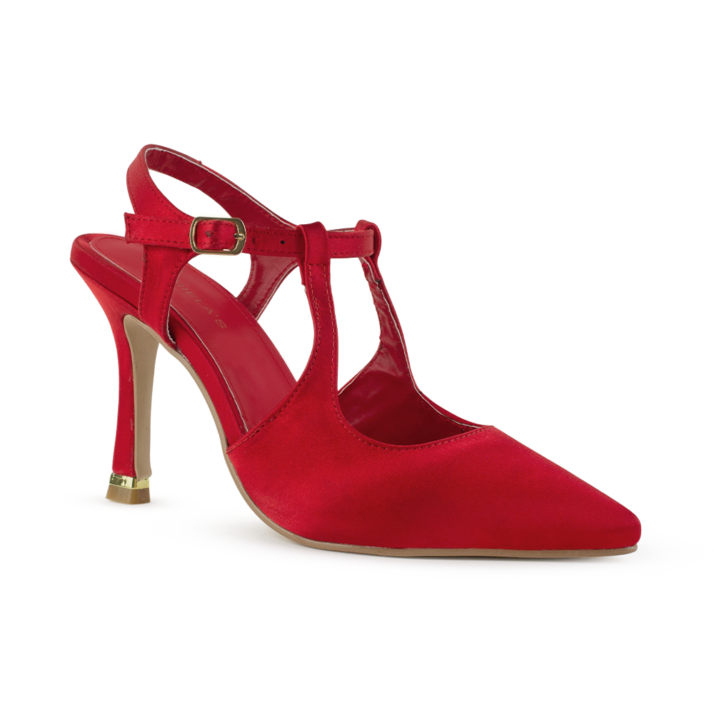 Vista diagonal de zapatilla destalonada para mujer tipo stiletto con tacón delgado de 10cm y punta cerrada en color rojo