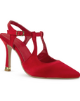 Vista diagonal de zapatilla destalonada para mujer tipo stiletto con tacón delgado de 10cm y punta cerrada en color rojo
