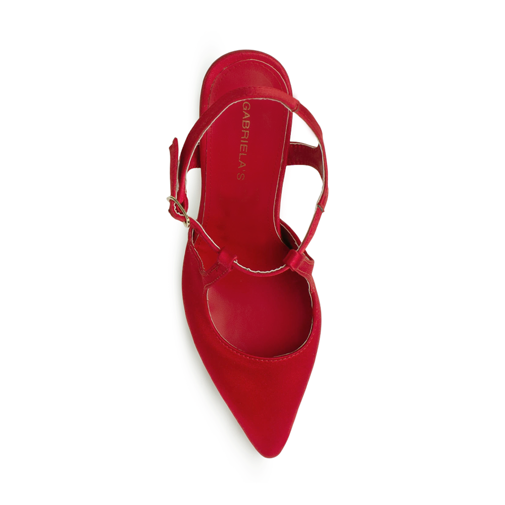 Vista superior de zapatilla roja destalonada para mujer con pulsera ajustable al tobillo y punta cerrada fina tipo stiletto
