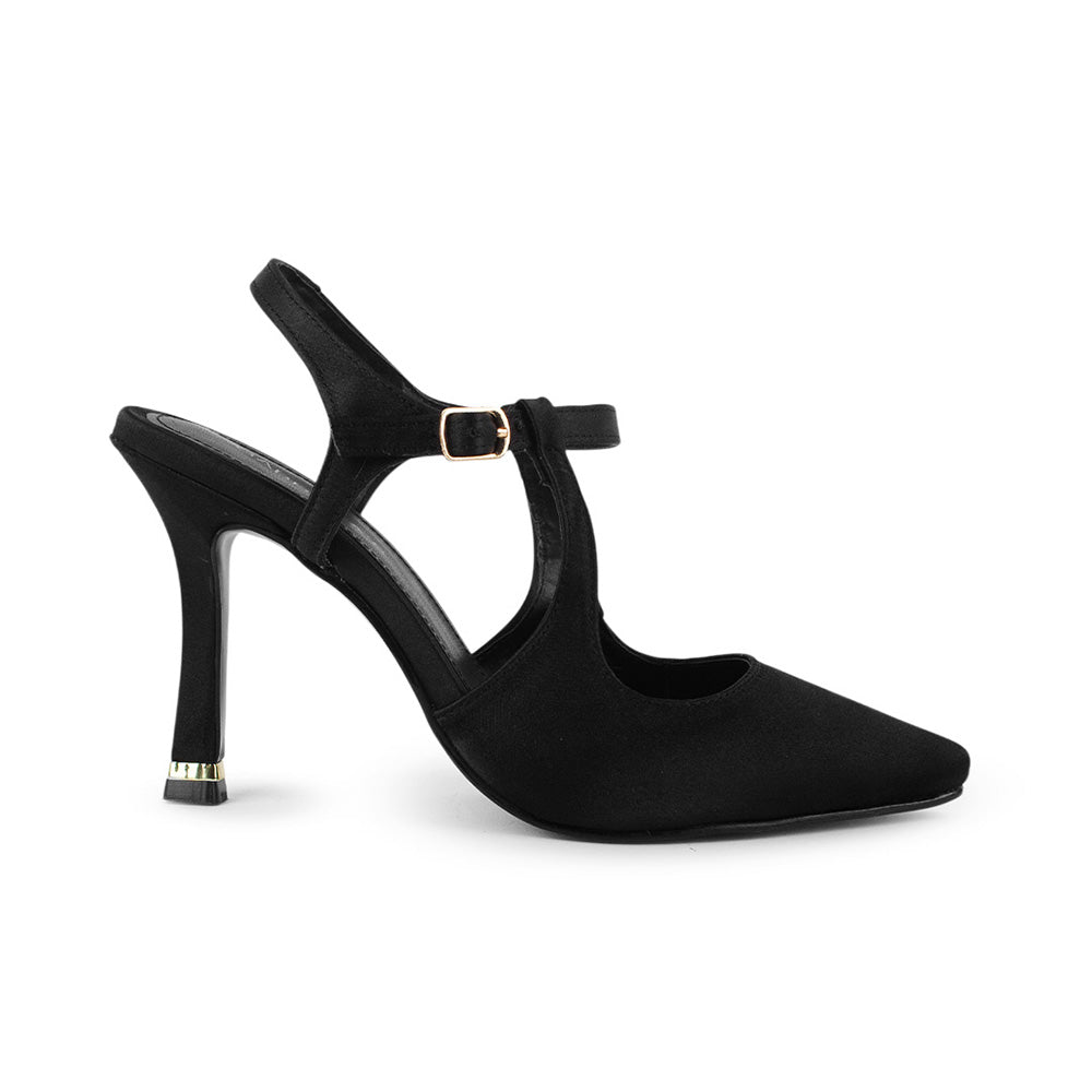 Vista lateral de zapatilla destalonada negra para mujer tipo stiletto con punta fina cerrada y tacón delgado medio de 10cm