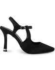 Vista lateral de zapatilla destalonada negra para mujer tipo stiletto con punta fina cerrada y tacón delgado medio de 10cm