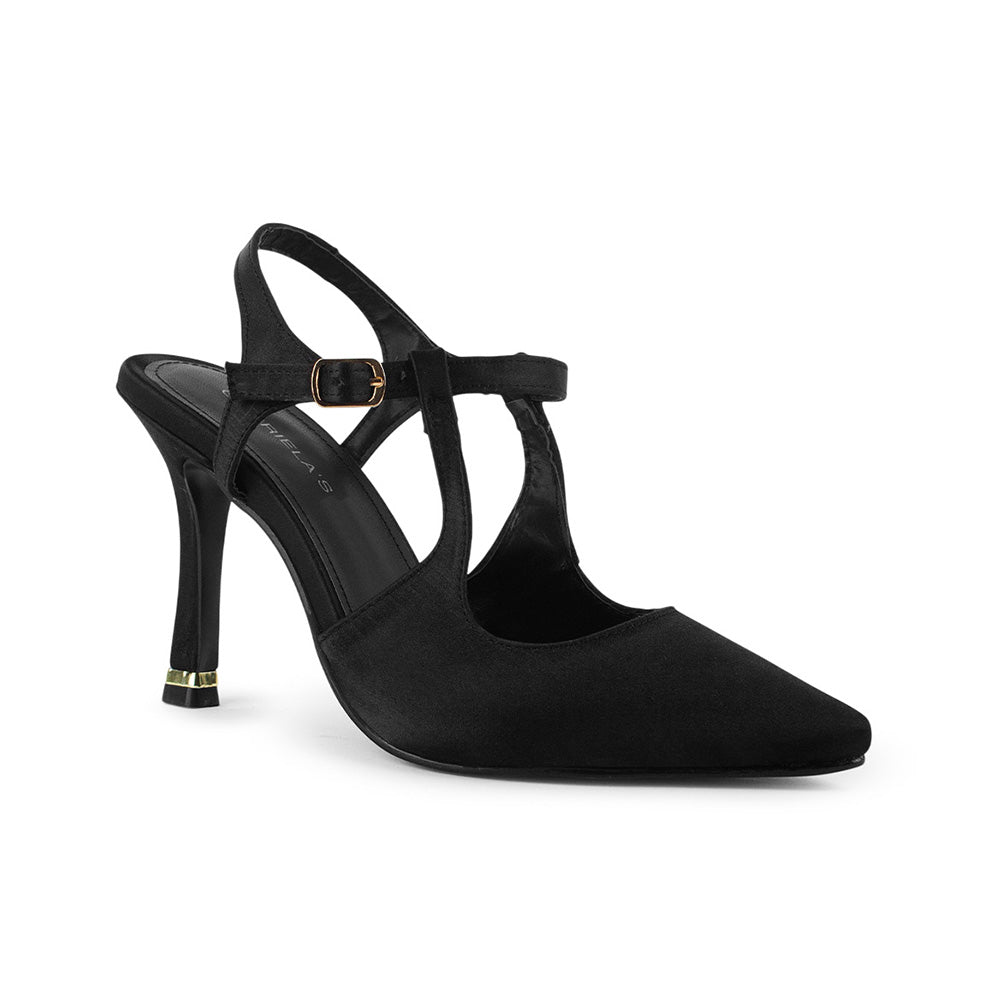 Vista diagonal de zapatilla destalonada para mujer tipo stiletto con tacón delgado de 10cm y punta cerrada en color negro