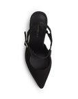 Vista superior de zapatilla negra destalonada para mujer con pulsera ajustable al tobillo y punta cerrada fina tipo stiletto