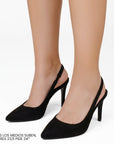 Zapatillas negras destalonadas tipo stiletto con ajuste elástico y tacón alto 11 cm para dama 