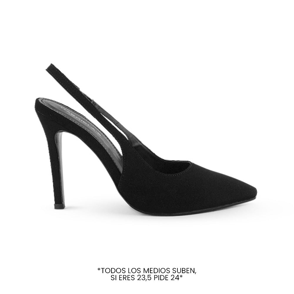 vista lateral de zapatillas negras para dama stilleto destalonadas con ajuste elástico y tacón alto 11cm