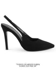vista lateral de zapatillas negras para dama stilleto destalonadas con ajuste elástico y tacón alto 11cm