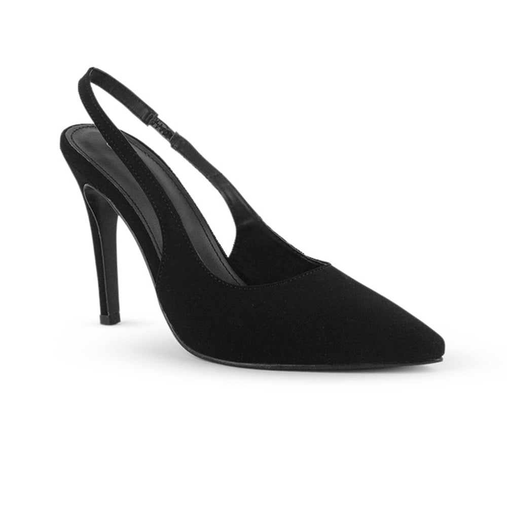 vista lateral de zapatillas negras para dama stilleto destalonadas con ajuste elástico y tacón alto 11cm