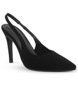 vista lateral de zapatillas negras para dama stilleto destalonadas con ajuste elástico y tacón alto 11cm