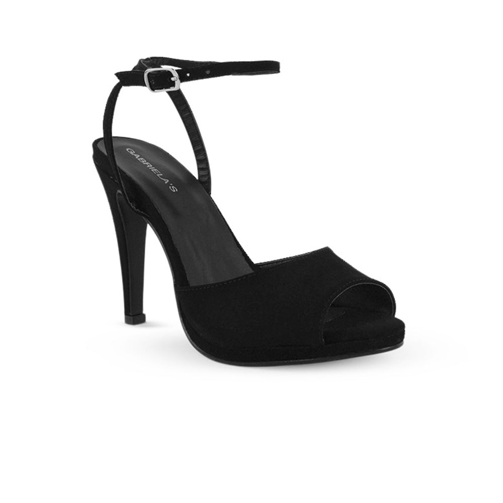 Vista diagonal de zapatilla negra con punta abierta pulsera ajustable y plataforma para dama tacón alto 11cm 