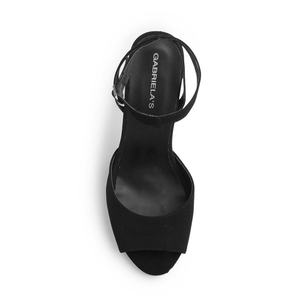 Vista superior de zapatilla negra para dama con punta abierta pulsera ajustable y tacón alto 11cm 