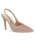 vista diagonal de zapatillas nude para dama stiletto tacón alto 11 cm y destalonadas 