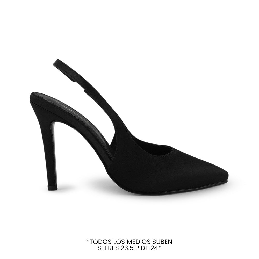 vista lateral de zapatillas negras para dama stilleto destalonadas con ajuste elástico y tacón alto 11cm