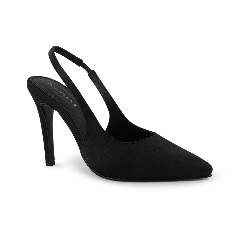 vista lateral de zapatillas negras para dama stilleto destalonadas con ajuste elástico y tacón alto 11cm