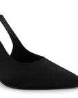 detalle del material shantung en las zapatillas negras para dama destalonadas con ajuste elástico y tacón alto 11 cm