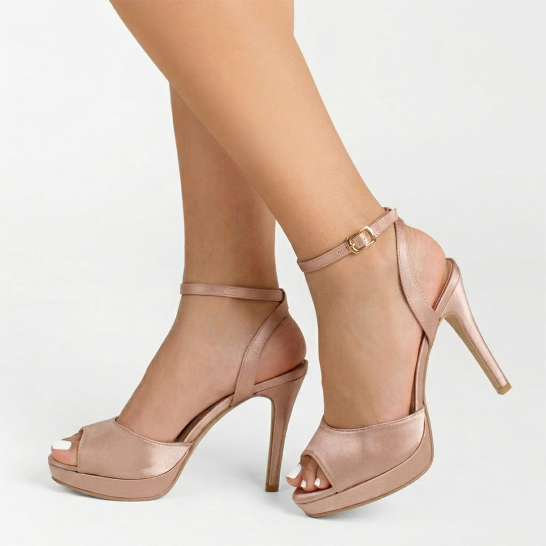 Zapatillas nude con plataforma punta abierta, pulsera ajustable y tacón alto 11 cm para dama 