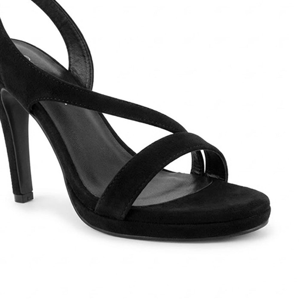 Detalle de material buck en zapatillas negras de tacón alto delgado de 11cm para mujer 