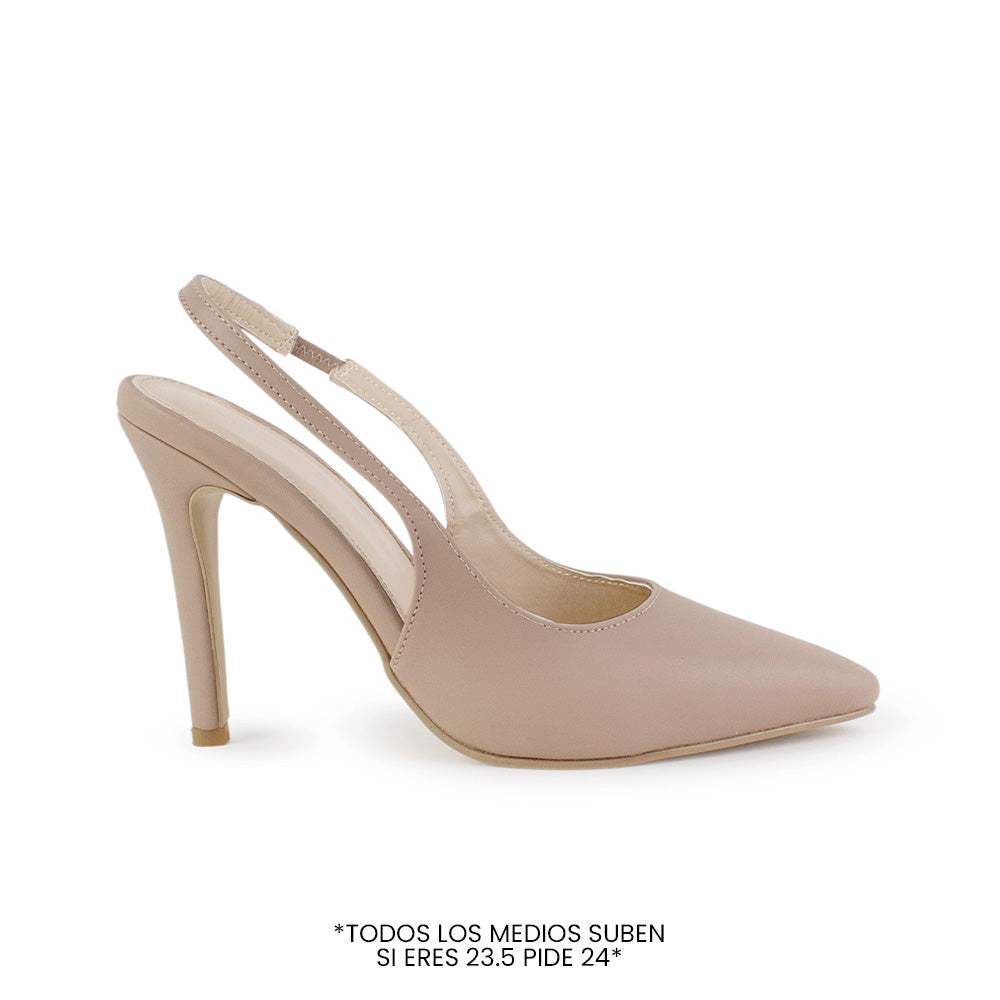 vista lateral de zapatillas nude para dama stilleto destalonadas con ajuste elástico y tacón alto 11cm