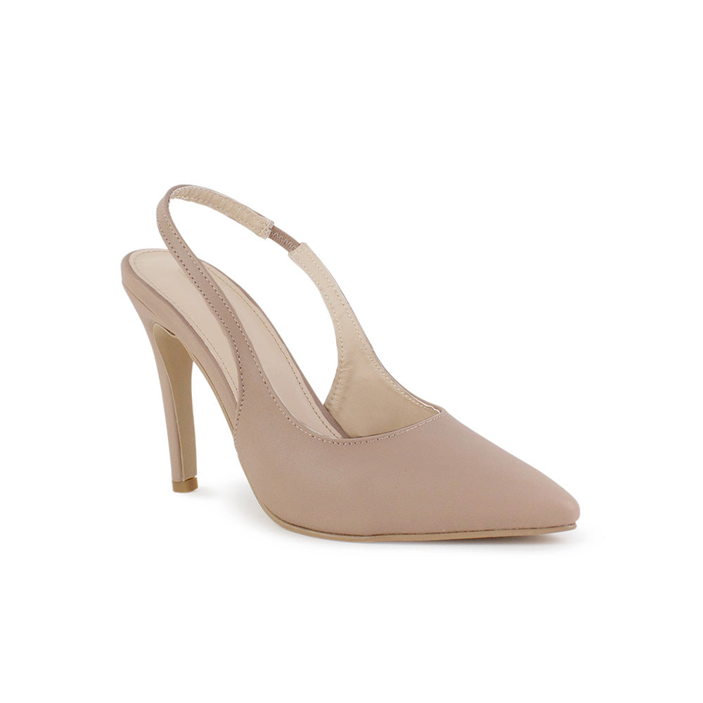 vista diagonal de zapatillas nude para dama stiletto tacón alto 11 cm y destalonadas 