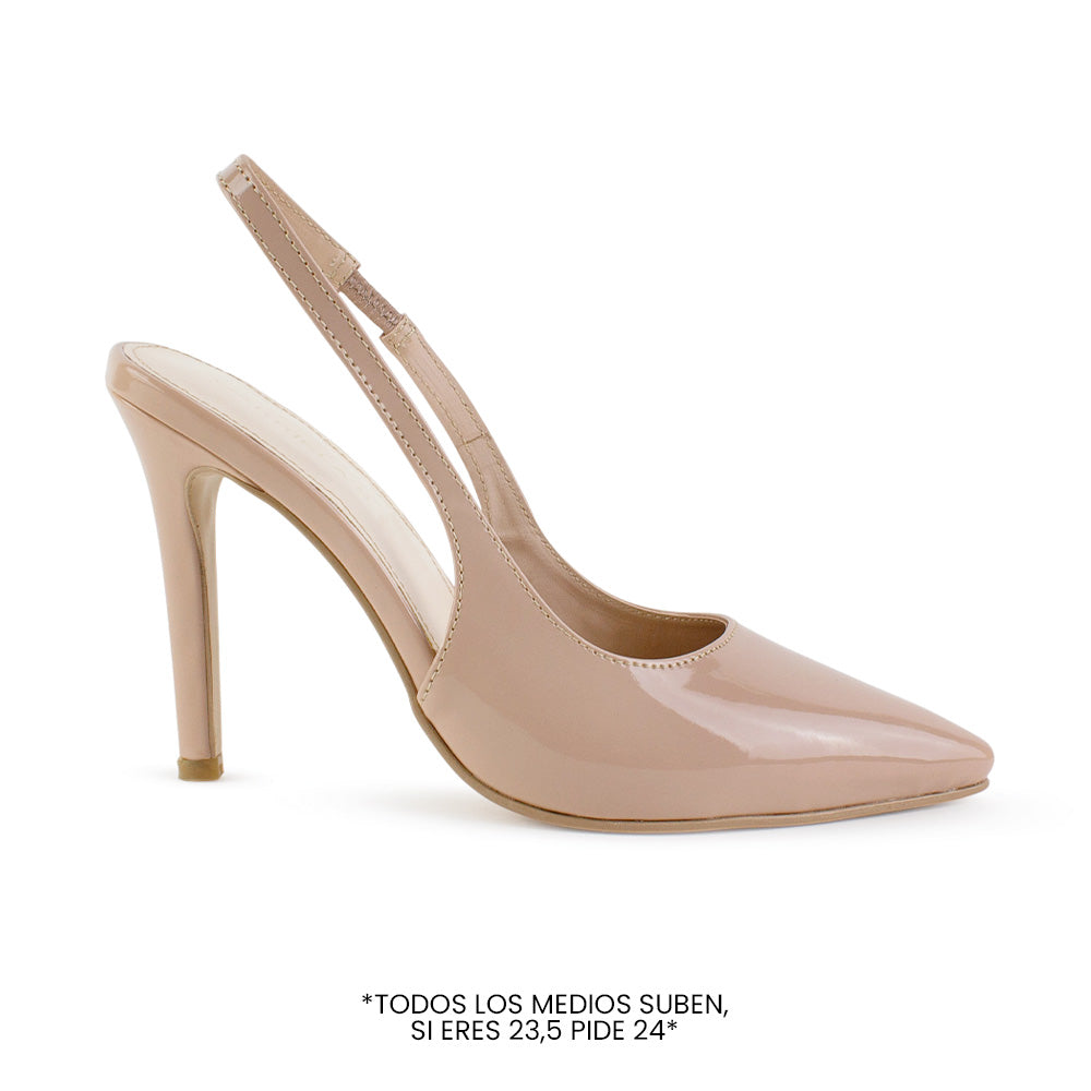 vista lateral de zapatillas nude de charol para dama stilleto destalonadas con ajuste elástico y tacón alto 11cm
