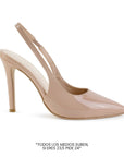 vista lateral de zapatillas nude de charol para dama stilleto destalonadas con ajuste elástico y tacón alto 11cm