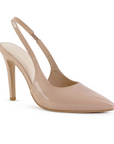 vista diagonal de zapatillas de charol  nude para dama stiletto tacón alto 11 cm y destalonadas 