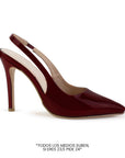 vista lateral de zapatillas vino de charol para dama stilleto destalonadas con ajuste elástico y tacón alto 11cm