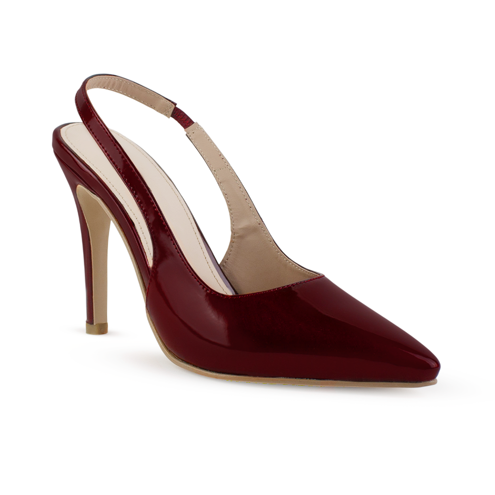 vista diagonal de zapatillas de charol  vino para dama stiletto tacón alto 11 cm y destalonadas 