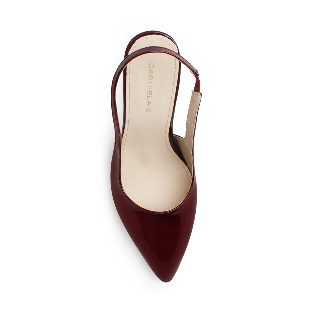 vista superior de las zapatillas stiletto color vino de charol tacón alto 11cm ajuste elástico para dama