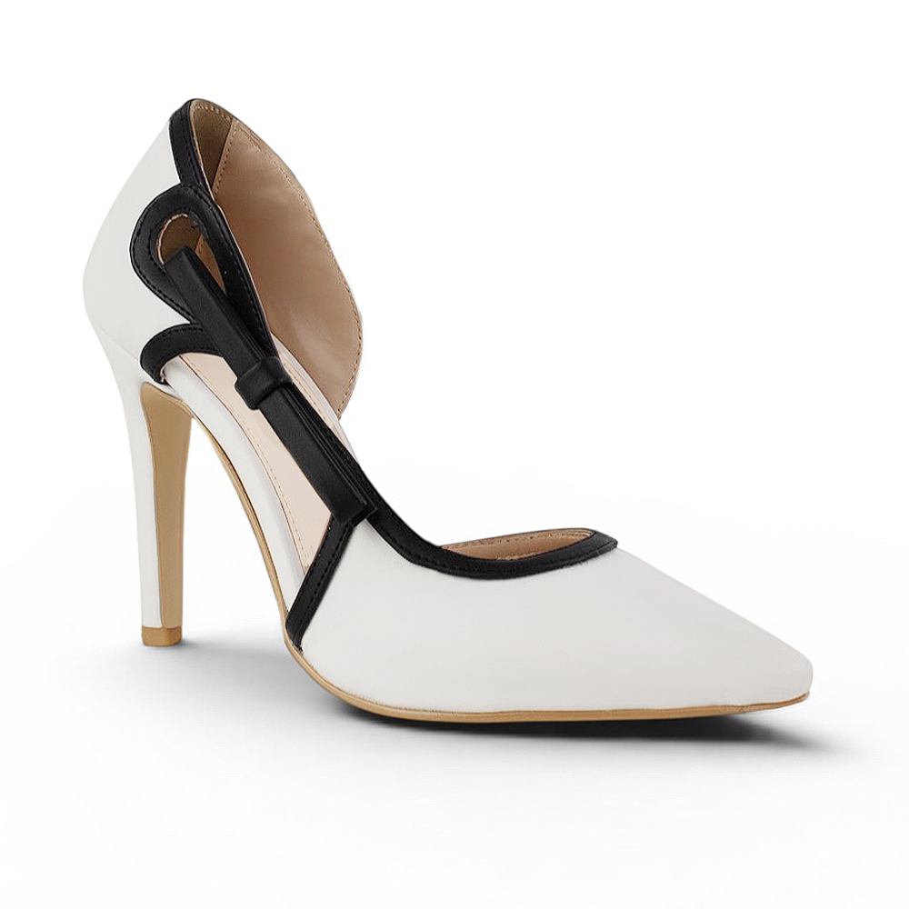 Vista diagonal de zapatilla beige con negro punta fina para mujer con tacón delgado de 10cm y moño lateral tipo stiletto