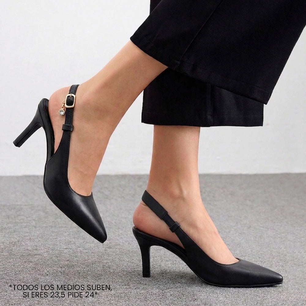 Zapatillas negras stiletto destalonadas con dije de cristal para dama tacón medio 9cm