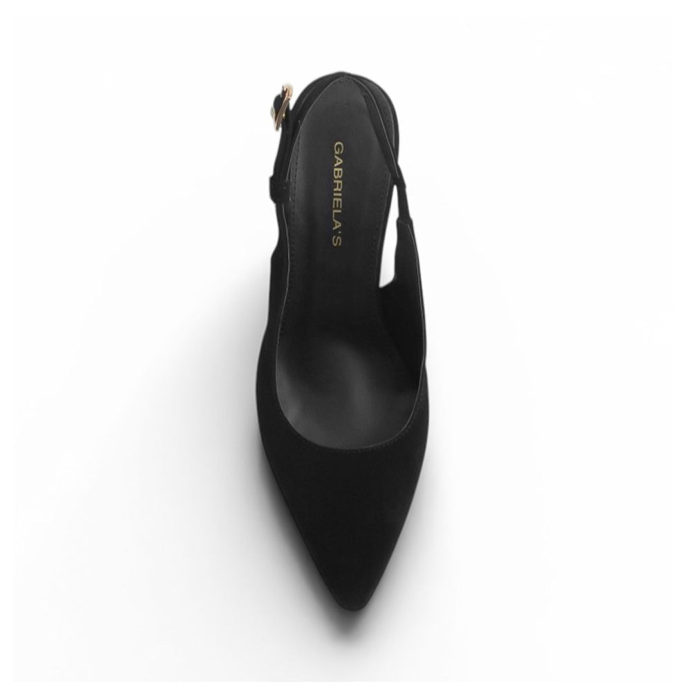 Vista superior de la zapatilla negra destalonada con dije colgante de cristal para dama y tacón medio 9cm 