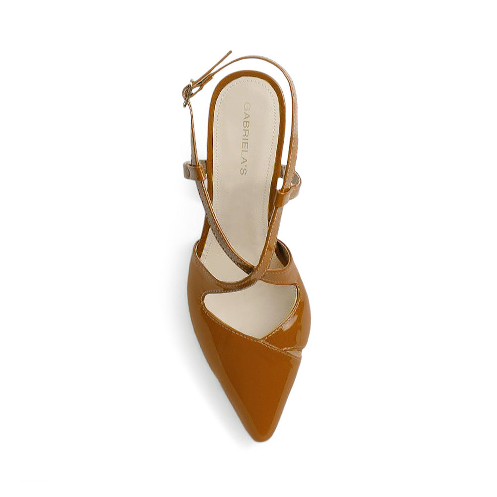 vista superior de las zapatillas stiletto cafés con tacón alto 11 cm y tiras cruzadas al frente para dama 