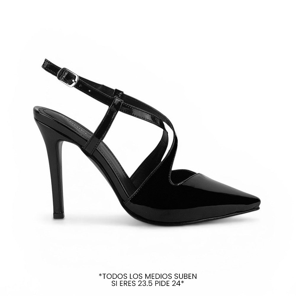 vista lateral de zapatillas stiletto negras de charol con tiras cruzadas y tacón alto 11cm para dama