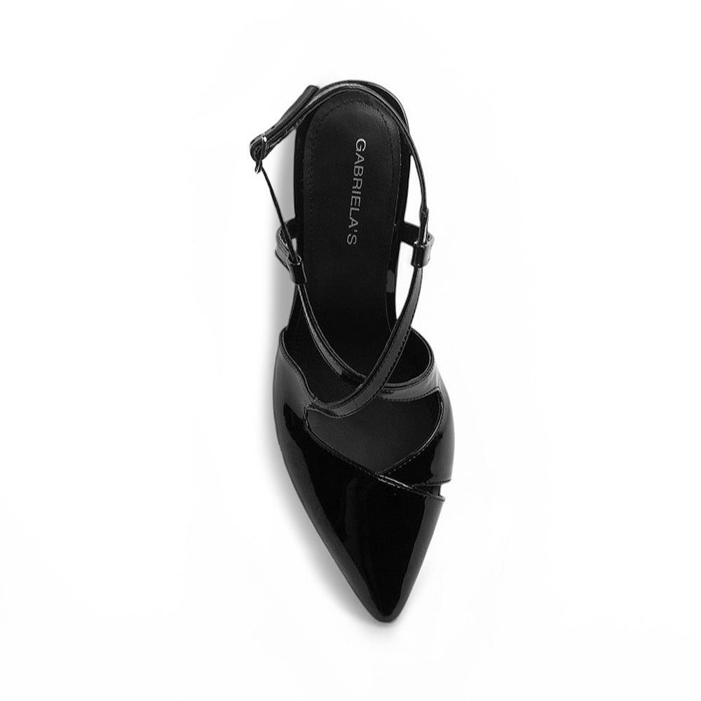 vista superior de las zapatillas stiletto negras con tacón alto 11 cm y tiras cruzadas al frente para dama 