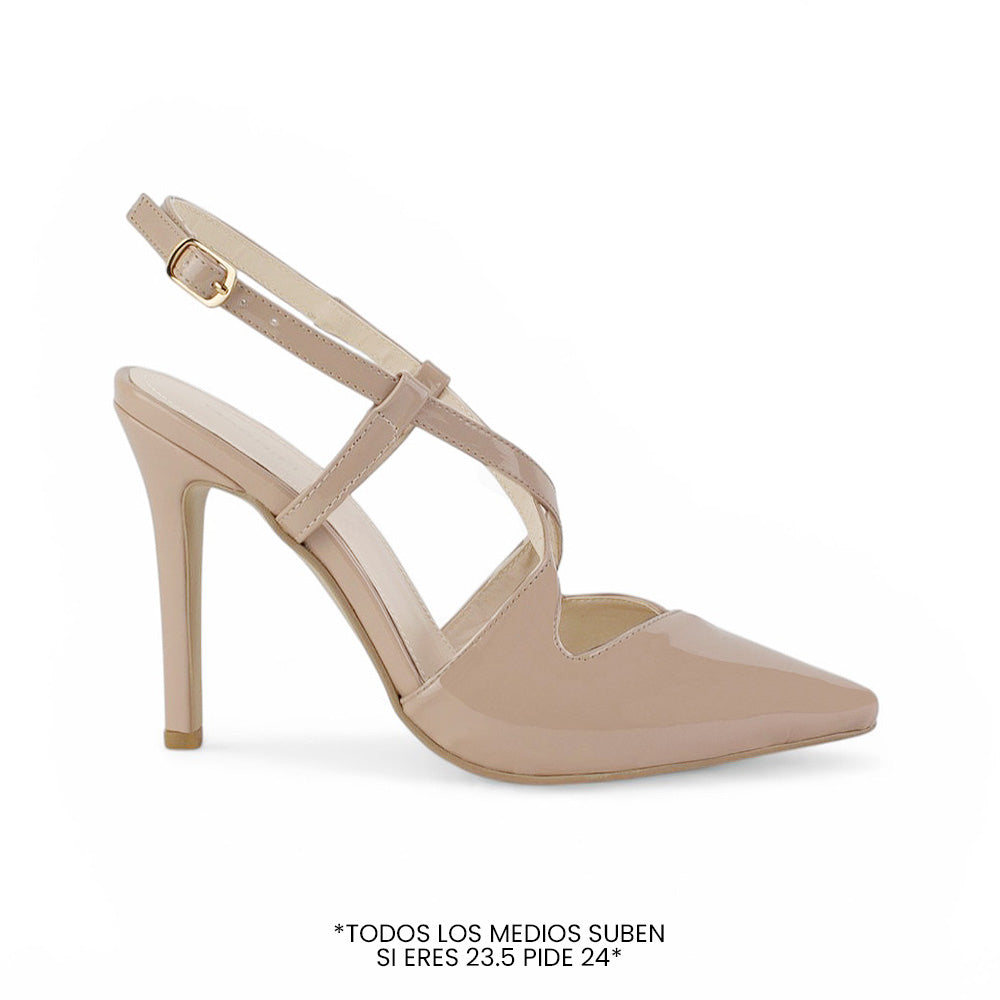 vista lateral de zapatillas stiletto nude de charol con tiras cruzadas y tacón alto 11cm para dama