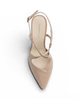 vista superior de las zapatillas stiletto nude con tacón alto 11 cm y tiras cruzadas al frente para dama 