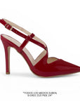 vista lateral de zapatillas stiletto rojas de charol con tiras cruzadas y tacón alto 11cm para dama