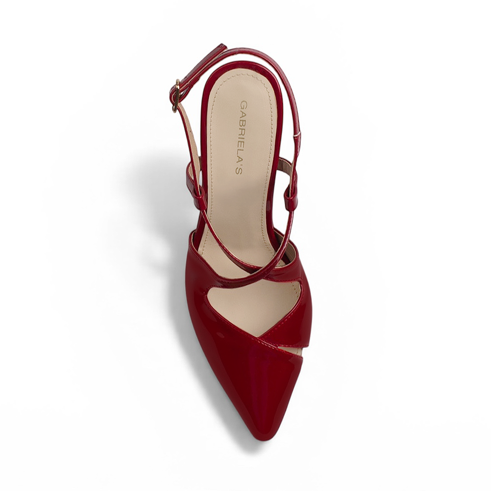 vista superior de las zapatillas stiletto rojas con tacón alto 11 cm y tiras cruzadas al frente para dama 