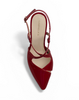 vista superior de las zapatillas stiletto rojas con tacón alto 11 cm y tiras cruzadas al frente para dama 