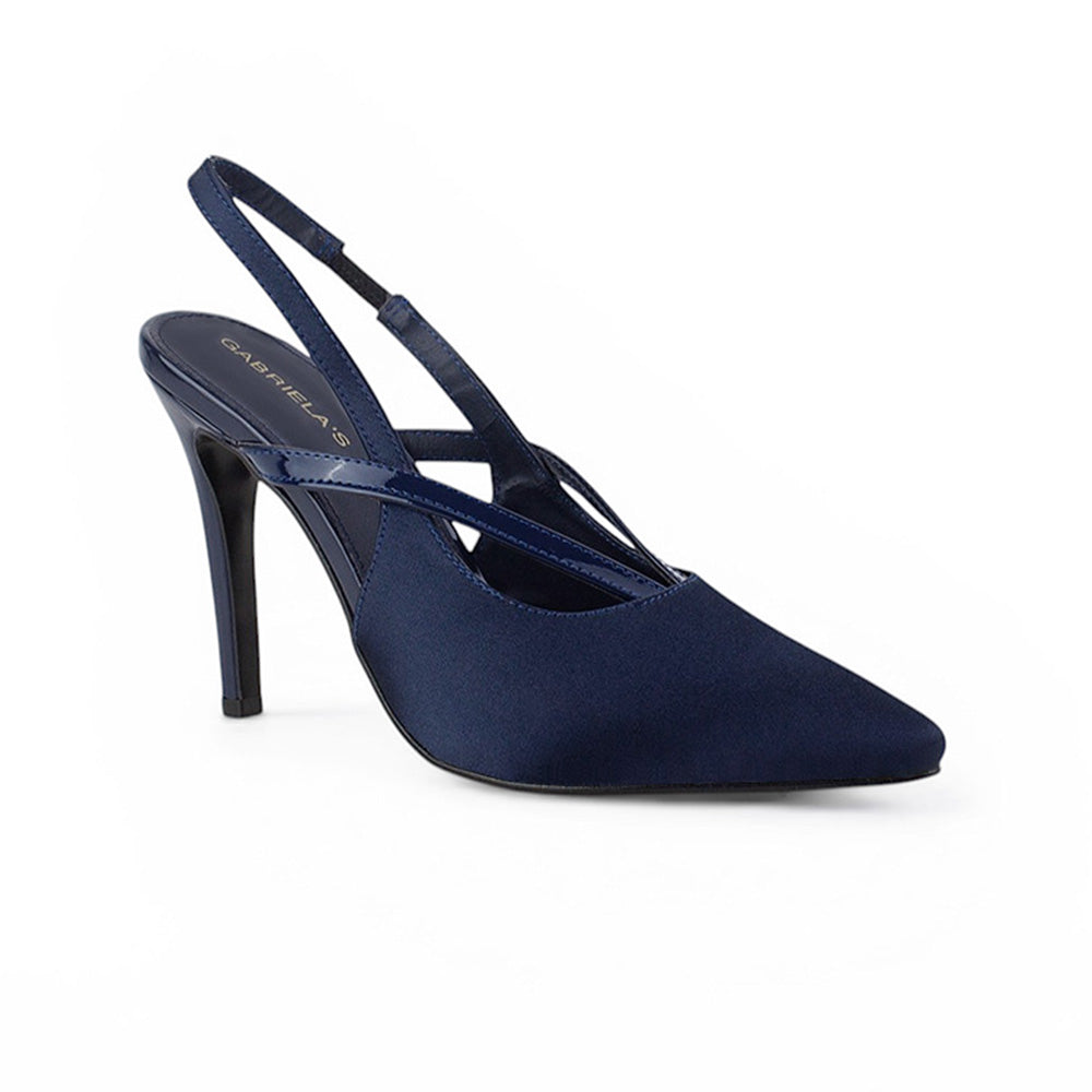 Vista diagonal de zapatilla azul tipo stiletto para mujer con punta fina cerrada tacón delgado de 11cm