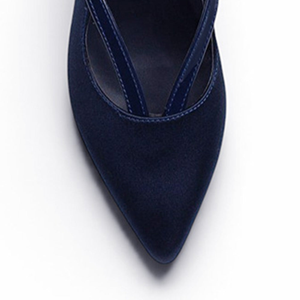 Vista de material shantung con charol en zapatilla azul tipo stiletto para mujer con tacón delgado de 11cm 