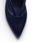 Vista de material shantung con charol en zapatilla azul tipo stiletto para mujer con tacón delgado de 11cm 